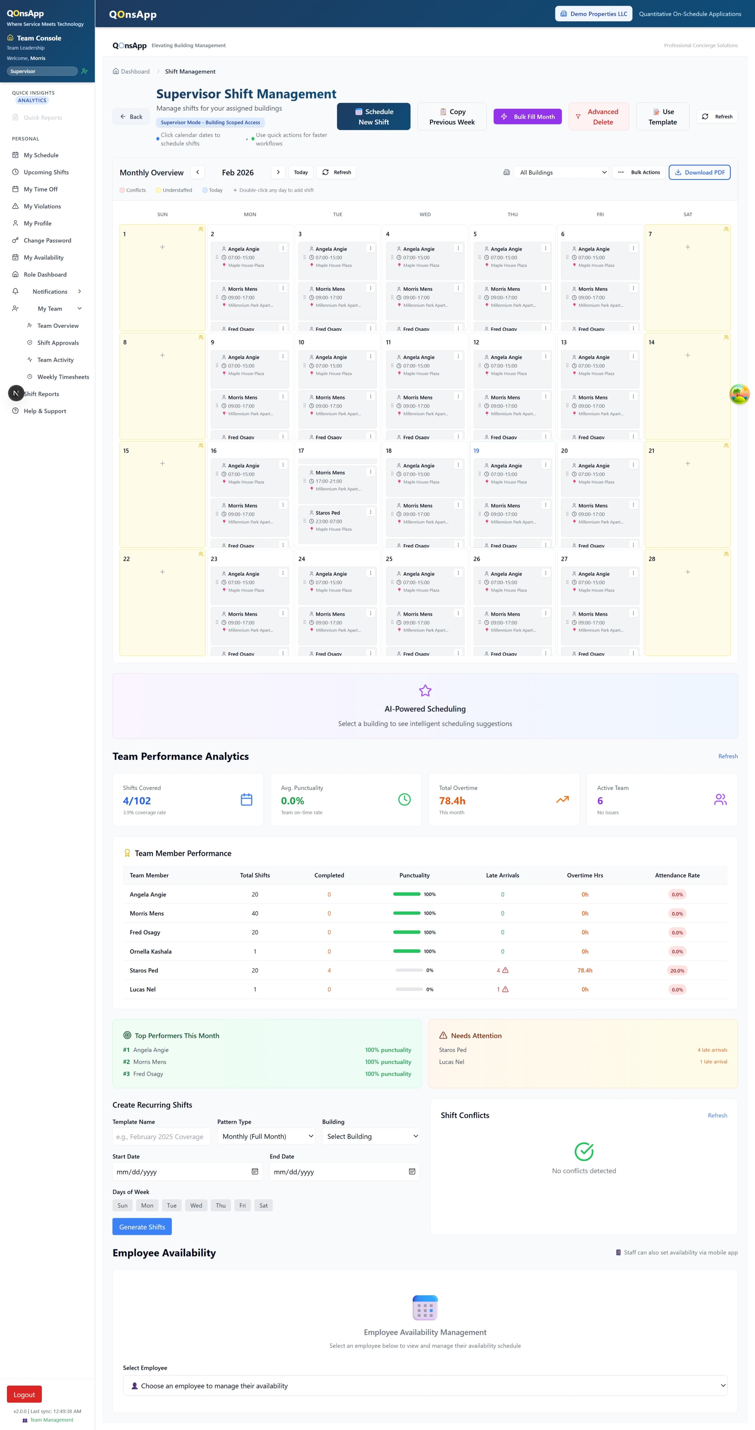 QonsApp shift management dashboard showing automated scheduling that replaces manual spreadsheet-based concierge workflows